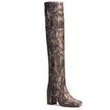 Saint Inez Python Print Brown Stretch Fab Above The Knee Heeled Boots