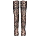 Saint Inez Python Print Brown Stretch Fab Above The Knee Heeled Boots