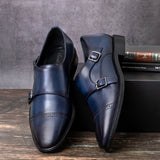 Saint Perctarit Blue Leather Double Buckle Monk Brogue Shoes