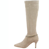 Saint Idalia Taupe Stretch Suede Golden Chain Knee High Long Boots