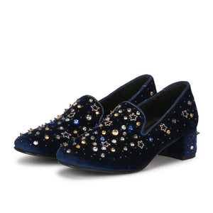 Saint Olivia Hand Embroidered Blue Suede Pumps