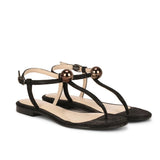 Saint Ventana Metal Ball Embellished Metallic Black Leather Flat - SaintG