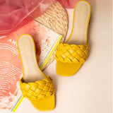 Saint Kate Yellow Leather Woven Mid Heeled Sandal