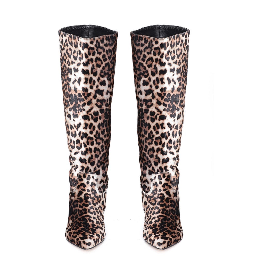 Saint Melissa Beige Leopard Print Stretch Fabric Calf Length Boot