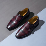 Saint Alboin Two Color Toned Red Leather Double Buckled Monk Strap Shoes