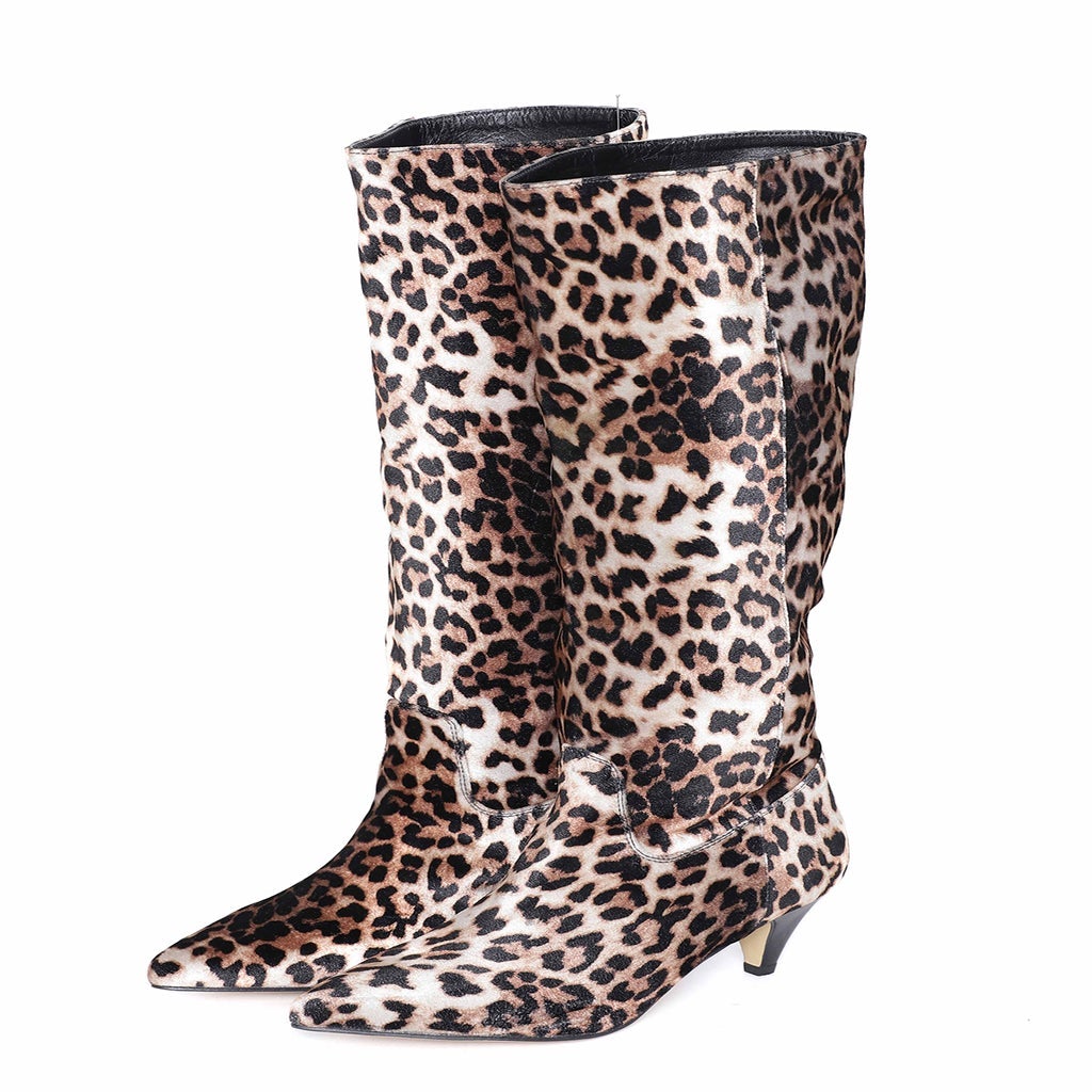 Saint Melissa Beige Leopard Print Stretch Fabric Calf Length Boot
