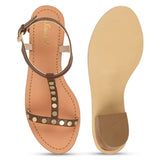 Saint Irmina Tan Leather Gold Metal Studded Block Heel