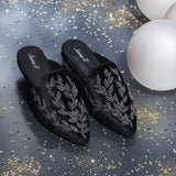 Saint Sofia Black Leather Hand Embroider Mules