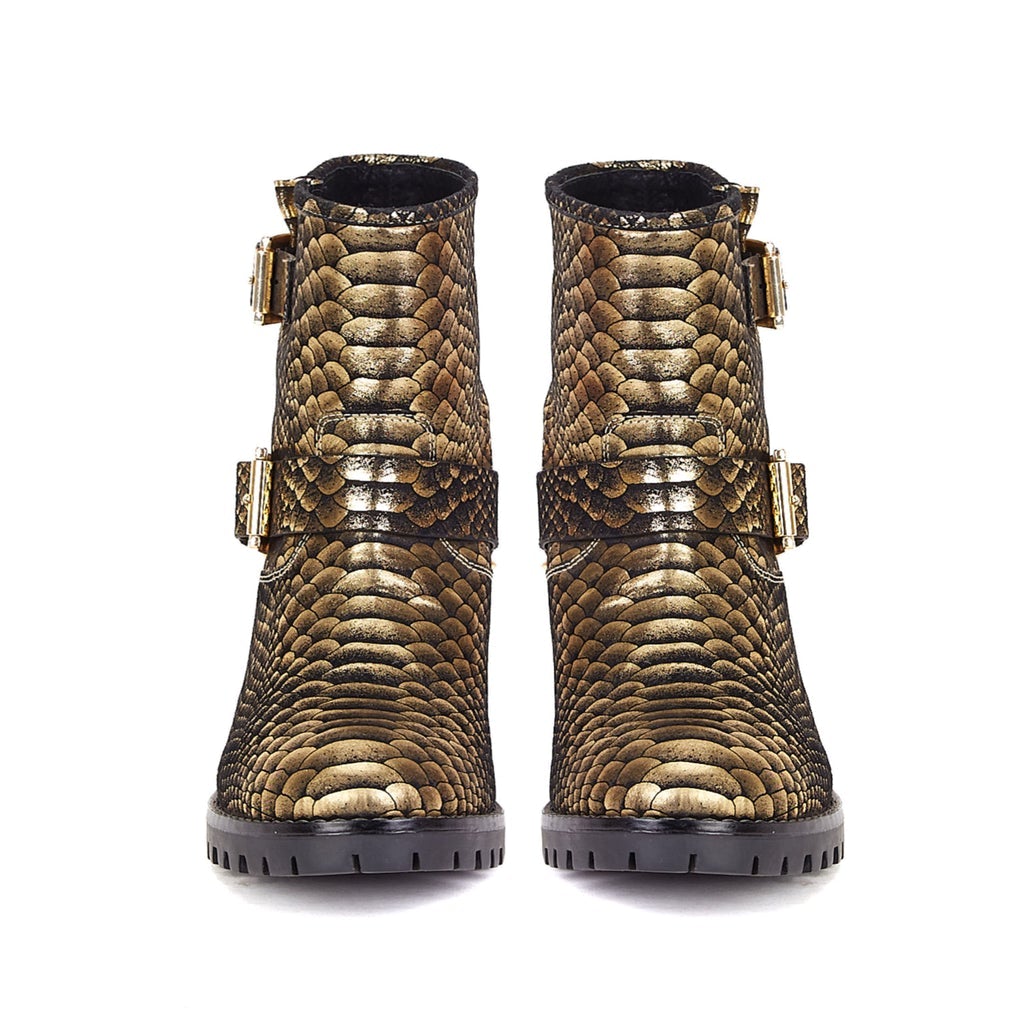 Saint Aloisa Metallic Gold Snake Print Leather Boot