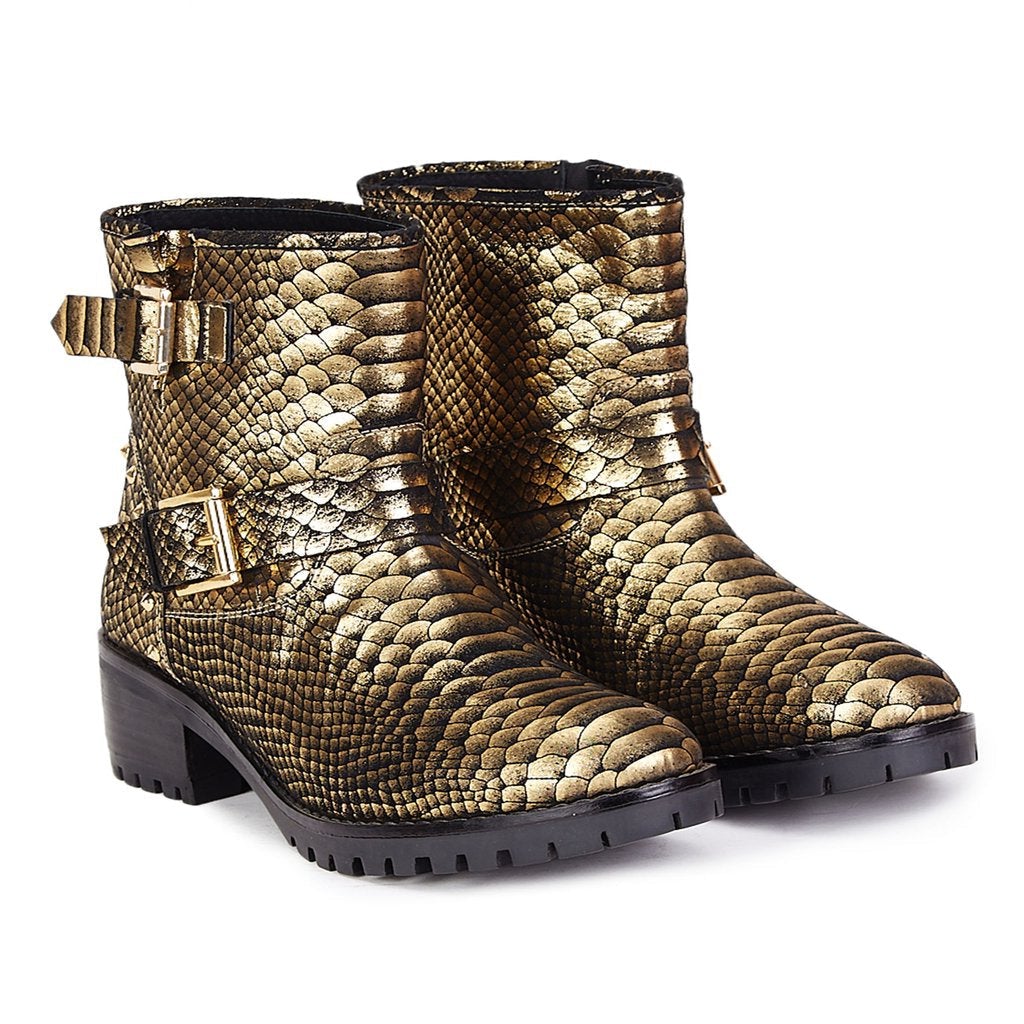 Saint Aloisa Metallic Gold Snake Print Leather Boot