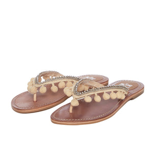Beige Pom Pom Detail Rhinestone Chain Flip Flops - SaintG