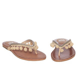 Beige Pom Pom Detail Rhinestone Chain Flip Flops - SaintG
