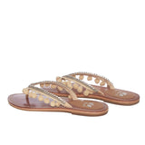 Beige Pom Pom Detail Rhinestone Chain Flip Flops - SaintG