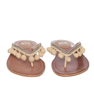Beige Pom Pom Detail Rhinestone Chain Flip Flops - SaintG