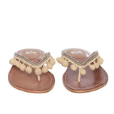 Beige Pom Pom Detail Rhinestone Chain Flip Flops - SaintG