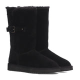 Saint Aurelia Buckle Decorative Black Suede Leather Snug Boots