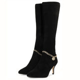 Saint Idalia Black Stretch Suede  Golden Chain Knee High Long Boots