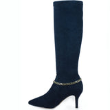 Saint Idalia Navy Stretch Suede Golden Chain Knee High Long Boots