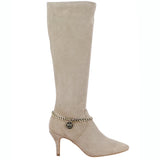 Saint Idalia Taupe Stretch Suede Golden Chain Knee High Long Boots