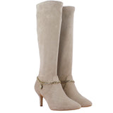 Saint Idalia Taupe Stretch Suede Golden Chain Knee High Long Boots
