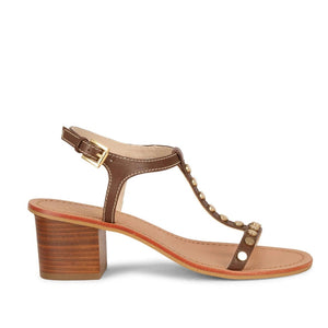 Saint Irmina Tan Leather Gold Metal Studded Block Heel