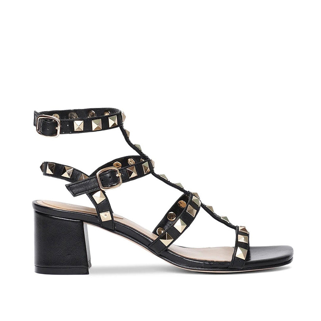 Saint Angela Black Gold Leather Square Metal Studded Block Heel