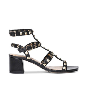 Saint Angela Black Gold Leather Square Metal Studded Block Heel