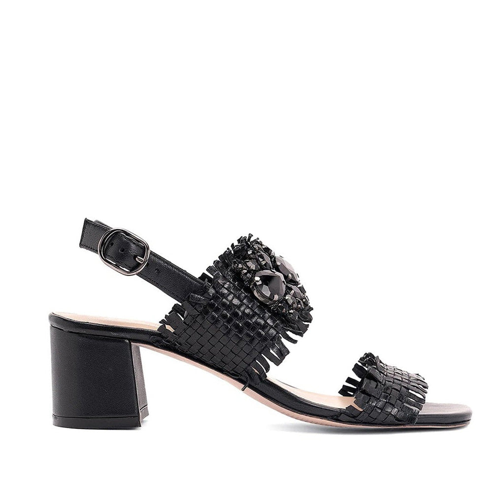 Saint Fabrizia Crystal Embellished Woven Leather Block Heel