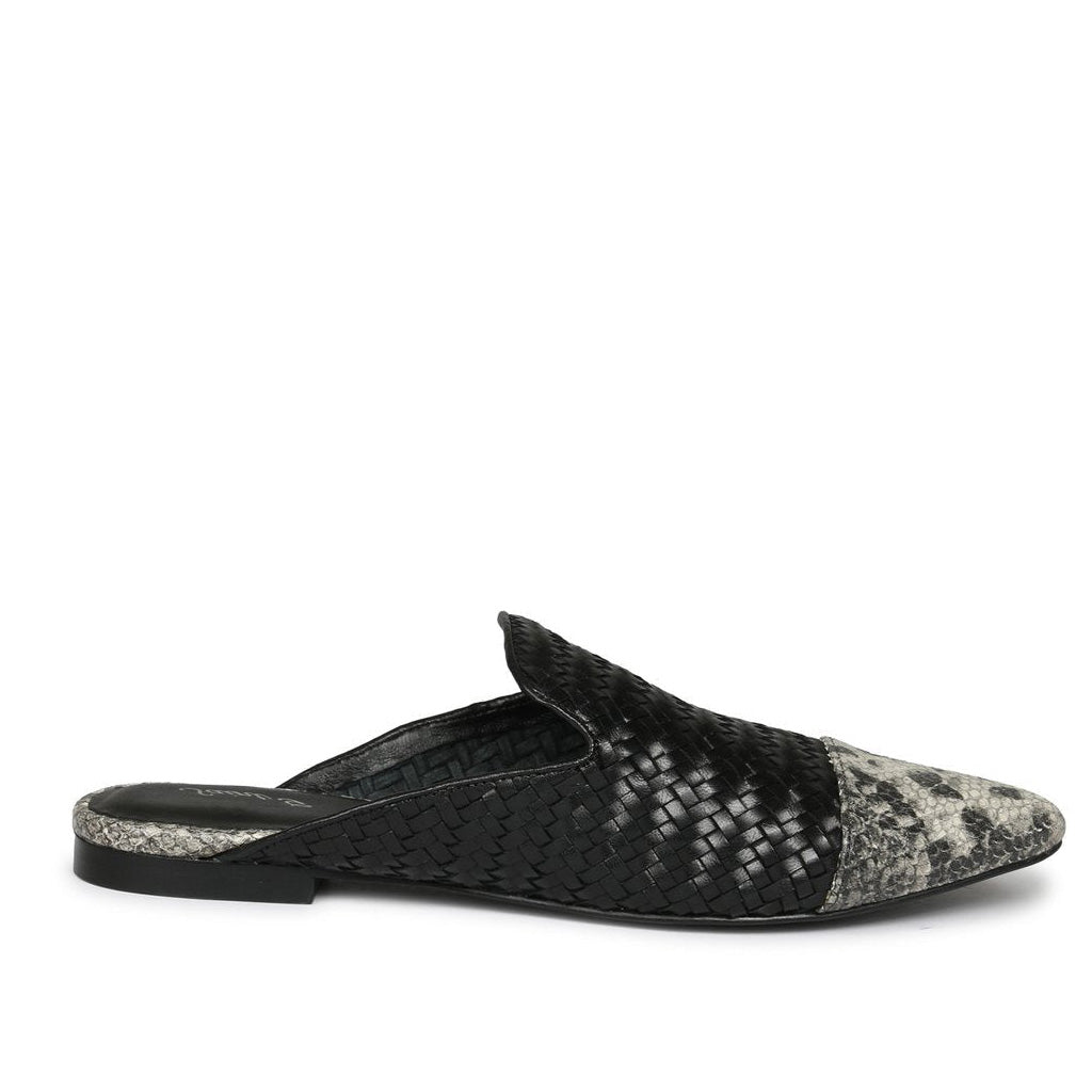 Grey Python and Black Woven Leather Mules