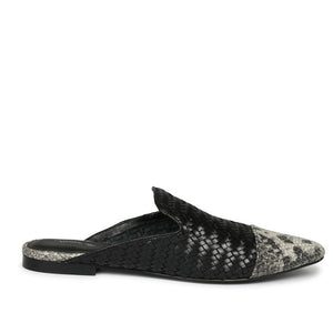 Grey Python and Black Woven Leather Mules