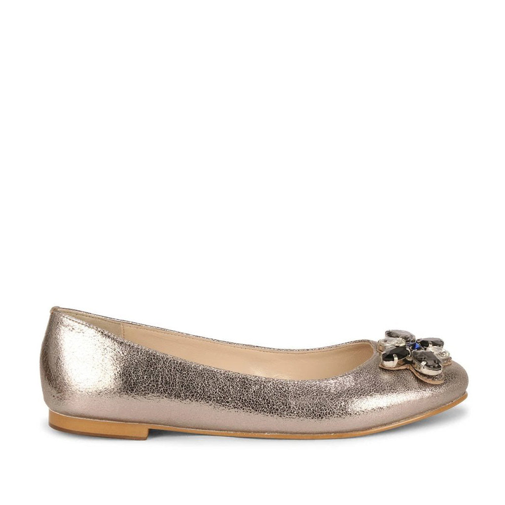 Saint Jovena Crystal Embellished Silver Metallic Leather Ballet Flats